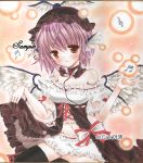  adapted_costume animal_ears asa1014 bare_shoulders black_legwear bloomers breasts frills hat musical_note mystia_lorelei no_pants pink_hair red_eyes sample short_hair solo thigh-highs thighhighs touhou traditional_media wings 