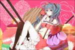  food fruit gloves hatsune_miku highres hiiro in_food long_hair looking_at_viewer navel pancake pocky sitting solo strawberry suspenders thigh-highs thighhighs vocaloid 