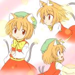  animal_ears blush brown_hair cat_ears cat_tail character_sheet chen hat highres jewelry kachoo multiple_tails no_hat no_headwear orange_hair red_eyes single_earring smile tail touhou 