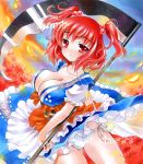  at_classics blush breasts cleavage collarbone erect_nipples flower frills hair_bobbles hair_ornament large_breasts onozuka_komachi panties red_eyes sample scythe short_hair side-tie_panties solo spider_lily touhou traditional_media twintails underwear upskirt weapon white_panties 