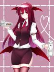  bat_wings cup fishnets head_wings heart heart_of_string holding koakuma long_hair low_wings necktie red_eyes red_hair redhead skirt solo spoon teacup teapot thigh-highs thighhighs touhou tray vest wings yutazou 
