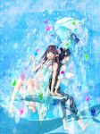  1girl barefoot bead book dress floating gem highres original rain shirozatou umbrella water 