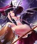  bat black_hair boots breasts broom broom_riding cleavage cloud clouds elbow_gloves female from_below gloves halloween hat large_breasts light_particles long_hair looking_at_viewer midriff original purple_eyes rin2008 sidesaddle sky smile solo violet_eyes witch witch_hat 