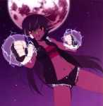  absurdres bandaid_on_nose bare_shoulders black_gloves black_hair black_panties copyright_request cutoffs denim denim_shorts fingerless_gloves gloves glowing highres long_hair midriff moon navel open_mouth panties red_eyes scan short_shorts shorts sleeveless solo tank_top unbuttoned underwear watanabe_akio 