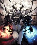  armor blue_eyes breastplate copyright_notice cygames dragon_girl gauntlets grey_skin heterochromia highres horns lena_(zoal) long_hair looking_at_viewer pointy_ears red_eyes scar shingeki_no_bahamut solo thigh-highs thighhighs watermark white_hair wings 
