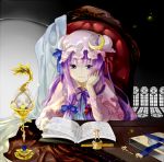  bad_id book capelet chair chin_rest crescent dress hat koma_midori light_smile long_hair open_book patchouli_knowledge purple_eyes purple_hair reading sitting smile solo touhou violet_eyes 