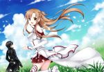  1girl aoilio asuna_(sao) black_hair brown_eyes brown_hair detached_sleeves grass kirito kneeling long_hair open_mouth petals short_hair skirt sword_art_online thigh-highs thighhighs 