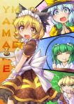  :d adapted_costume alternate_costume apron blonde_hair blood blush bow enmaided fun_bo green_eyes green_hair hair_bow hat heart heart-shaped_pupils kisume komeiji_koishi kurodani_yamame looking_at_viewer maid maid_headdress mizuhashi_parsee multiple_girls open_mouth plate smile symbol-shaped_pupils thumbs_up touhou tray wrist_cuffs yellow_eyes 