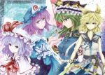  4girls ascot black_eyes blonde_hair butterfly green_hair hat kz_nagomiya lavender_hair multiple_girls pink_eyes pink_hair red_eyes remilia_scarlet ritual_baton rod_of_remorse saigyouji_yuyuko shiki_eiki short_hair touhou toyosatomimi_no_miko triangular_headpiece 