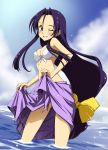  akechi_mitsuhide_(oda_nobuna_no_yabou) bikini blush breasts cleavage long_hair low-tied_long_hair oda_nobuna_no_yabou purple_eyes purple_hair sarong smile solo swimsuit very_long_hair violet_eyes waochi. water wink 