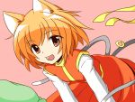  animal_ears bent_over cat_ears cat_tail chen kachoo looking_at_viewer multiple_tails short_hair simple_background smile solo tail touhou 