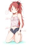  ? alternate_costume barefoot blush bow bow_panties camisole denim denim_shorts directional_arrow english hair_bow hands_on_thighs kneeling long_hair mahou_shoujo_madoka_magica midriff navel open_fly open_shorts panties red_eyes red_hair redhead sakura_kyouko short_shorts shorts solo striped tatsuno_ryou unbuttoned underwear unzipped white_panties wide_ponytail 