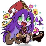  1girl animal_ears blush boots chibi fairy flower green_eyes hat league_of_legends long_hair lulu_(league_of_legends) melon3 purple_hair purple_skin solo staff witch_hat 