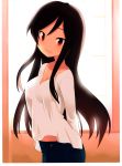  a_channel absurdres arms_behind_back black_hair breasts cleavage highres jeans kuroda_bb long_hair looking_at_viewer nishi_yuuko red_eyes scan see-through_silhouette smile solo v-neck 