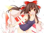  blush bow brown_hair collarbone colored hair_bow hair_tubes hakurei_reimu highres navel one-piece_swimsuit open_mouth peko phyrine red_eyes solo swimsuit touhou towel 