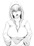  breasts hands_in_pockets hoodie kurofudo large_breasts long_hair monochrome open_mouth original solo 