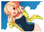 ;d a_channel absurdres bare_shoulders blonde_hair blue_sky cloud clouds competition_swimsuit dutch_angle highres hooded_jacket kuroda_bb momoki_run one-piece_swimsuit open_hoodie open_mouth polka_dot red_eyes scan short_hair sky smile solo swimsuit wink 