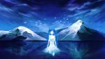 blue_eyes dress glacier hatsune_miku highres long_hair monochrome mountain singing sinomoku08 snow twintails vocaloid wading water 