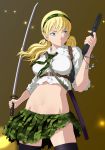  blonde_hair blue_eyes breasts btooom! camouflage gun hairband highres himiko_(btooom!) holster jolly_roger long_hair midriff navel necktie skirt sleeves_rolled_up smile_(rz) solo sucker_punch_(cosplay) sword thighhighs torn_clothes twintails weapon zettai_ryouiki 