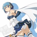  armpits ass blue_dress blue_eyes blue_hair cape character_name dress gloves magical_girl mahou_shoujo_madoka_magica mahou_shoujo_madoka_magica_movie mikeneko_(stray-sheep) miki_sayaka panties pantyshot short_hair skirt smile solo sword thigh-highs thighhighs underwear weapon white_background white_legwear white_panties 