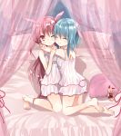  ;o ^_^ animal_ears barefoot bed blue_hair blush bunny_ears bunny_tail camisole closed_eyes copon_xox curtains dress eyes_closed heart heart_pillow highres hug kamichi_miyaki kneeling lingerie long_hair multiple_girls on_bed original personification pillow pink_hair rabbit_ears red_eyes short_hair smile stuffed_animal stuffed_bunny stuffed_toy tail underwear underwear_only very_long_hair wink 