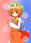  animal_ears brown_hair cat_ears cat_tail chen hat jewelry kachoo multiple_tails single_earring smile solo tail touhou 