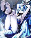  armpits arms_up barefoot bdsm blue_eyes blue_hair blurry bondage breasts chain chains copyright_notice cuffs cygames depth_of_field dragon_girl dragon_horns dragon_tail dragon_wings feet frown horns legs_up lena_(zoal) shackles shingeki_no_bahamut short_hair sideboob sitting soles solo tail toes watermark wings 