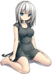  bare_legs barefoot blue_eyes chain chains collar dress feet impossible_clothes impossible_dress legs original short_hair silver_hair sitting solo tsukumiya_amane wariza 