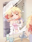  ahoge blonde_hair bloomers blush brushing_teeth camisole cup faceless faceless_male fang faucet hair_ribbon messy_hair mirror mug natsu_no_koucha navel off_shoulder open_clothes open_mouth open_shirt parody red_eyes ribbon rumia short_hair sink sleepy solo toothbrush toothpaste touhou translated 