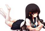  1girl bad_feet black_hair female liong long_hair lying on_stomach original red_eyes school_uniform serafuku solo thigh-highs thighhighs 