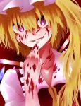  blood blood_on_face close-up flandre_scarlet hair_between_eyes hakurasoa hand_on_own_face highres long_hair looking_at_viewer pink_eyes side_ponytail smile smirk solo touhou 