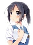  :o asakura_ryou_(artist) black_eyes black_hair blush bust holding okita_sawa ponytail sakai_wakana school_uniform solo tari_tari white_background 