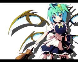  1girl alternate_costume ascot blue_eyes broom daiyousei enmaided gloves green_hair headset maid op smile solo thigh-highs thighhighs touhou white_legwear wings 