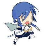  blue_hair cape chibi dual_wielding gloves lowres magical_girl mahou_shoujo_madoka_magica miki_sayaka short_hair sige_nb simple_background solo sword weapon white_background |_| 