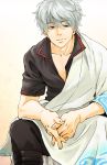  gintama grey_eyes highres japanese_clothes looking_at_viewer sakata_gintoki silver_hair sitting solo violetcoral 