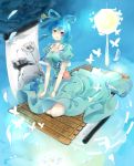  bamboo_scroll blue_eyes blue_hair breasts butterfly cleavage dress flower hair_rings hair_stick hanging_scroll highres kaku_seiga kneeling lantern nutoa open_mouth pagoda petals raft scroll solo touhou vest 