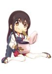  1girl akagi_(kantai_collection) blush_stickers brown_eyes brown_hair chibi eating food food_on_face japanese_clothes kantai_collection muneate okina_(okina413) personification rice_on_face solo 