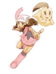  1girl beanie chikorita hat hikari_(pokemon) kinashi open_mouth pokemon pokemon_(creature) pokemon_(game) pokemon_dppt scarf skirt 
