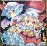  ascot bat_wings blonde_hair brooch flandre_scarlet hat hat_ribbon highres jewelry kagami_leo moon multiple_girls open_mouth red_eyes red_moon remilia_scarlet ribbon shikishi short_hair siblings side_ponytail sisters skirt skirt_set smile touhou traditional_media wings 