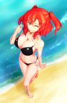  alternate_costume barefoot beach bikini breasts cleavage coin hair_bobbles hair_ornament large_breasts onozuka_komachi red_eyes red_hair redhead side-tie_bikini smile solo standing_on_one_leg strap_gap swimsuit totosu touhou twintails water wink 