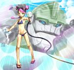  &gt;_&lt; bikini black_hair brown_eyes bulkhead grin hose markmm miko_nakadai multicolored_hair navel pink_hair ponytail sandals smile suds swimsuit transformers transformers_prime twintails water 