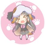  1girl animal_ears arms_up ascot blush_stickers cape chibi closed_eyes dog_ears dog_tail eyes_closed fang grey_hair hat little_busters!! noumi_kudryavka open_mouth paw_print plaid skirt solo tail thigh-highs thighhighs white_legwear 