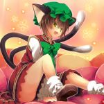  :d animal_ears brown_hair cat_ears cat_tail chen fuupu hat multiple_tails open_mouth short_hair skirt skirt_set smile solo tail touhou yellow_eyes 