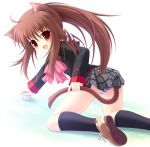  animal_ears ass baseball bell brown_hair cat_ears cat_tail fan hair_bell hair_ornament kneehighs little_busters!! long_hair natsume_rin open_mouth panties plaid plaid_skirt ponytail red_eyes school_uniform skirt striped striped_panties tail underwear yokuran 