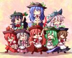  &gt;_&lt; :d ^_^ alternate_color alternate_hair_color arm_up arms_up black_hair blue_hair blush boots brown_hair chibi clone closed_eyes dress eyes_closed food fruit green_hair hat hinanawi_tenshi holding long_hair multiple_girls multiple_persona ominaeshi_(takenoko) open_mouth peach player_2 red_hair redhead silver_hair smile solid_circle_eyes sword_of_hisou touhou touhou_hisoutensoku 