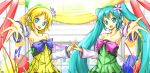  blonde_hair colorful_x_melody_(vocaloid) detached_sleeves earmuffs hand_holding hatsune_miku holding_hands kagamine_rin karamoneeze long_hair multiple_girls open_mouth project_diva project_diva_2nd short_hair singing smile very_long_hair vocaloid 