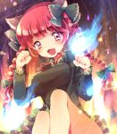  animal_ears blush bow braid breasts cat_ears clenched_hands dress extra_ears fang fire green_dress hair_bow imokototaisi kaenbyou_rin long_sleeves multicolored_eyes open_mouth pink_eyes red_eyes red_hair redhead short_hair smile solo spirit touhou twin_braids 