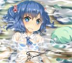  angry blue_bra blue_eyes blue_hair blush bra cucumber dress_shirt hair_bobbles hair_ornament hat hat_removed headwear_removed kawashiro_nitori key leaf looking_at_viewer lying on_back partially_submerged see-through shimoda-kon shirt short_hair short_twintails solo touhou twintails underwear water wet wet_clothes wet_shirt 