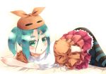  aqua_hair eyebrows green_hair hat kouji_(campus_life) monogatari_(series) nisemonogatari on_side ononoki_yotsugi pantyhose short_eyebrows short_hair striped striped_legwear twintails 