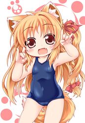  animal_ears blonde_hair chibi fang fox_ears fox_shadow_puppet fox_tail kuroneko_liger long_hair original red_eyes school_swimsuit swimsuit tail 